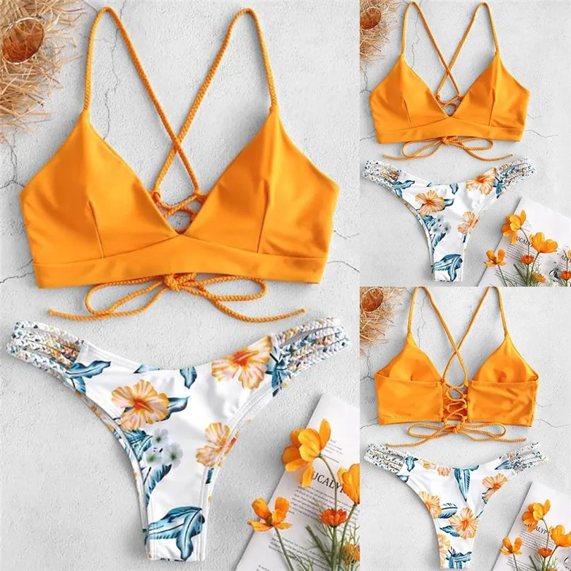 

Women Brazilian Bikini Set 2019 Bikini Cut Flowers One Piece Swimsuit Pushups Swimwear Beachwear droshipping #3A24