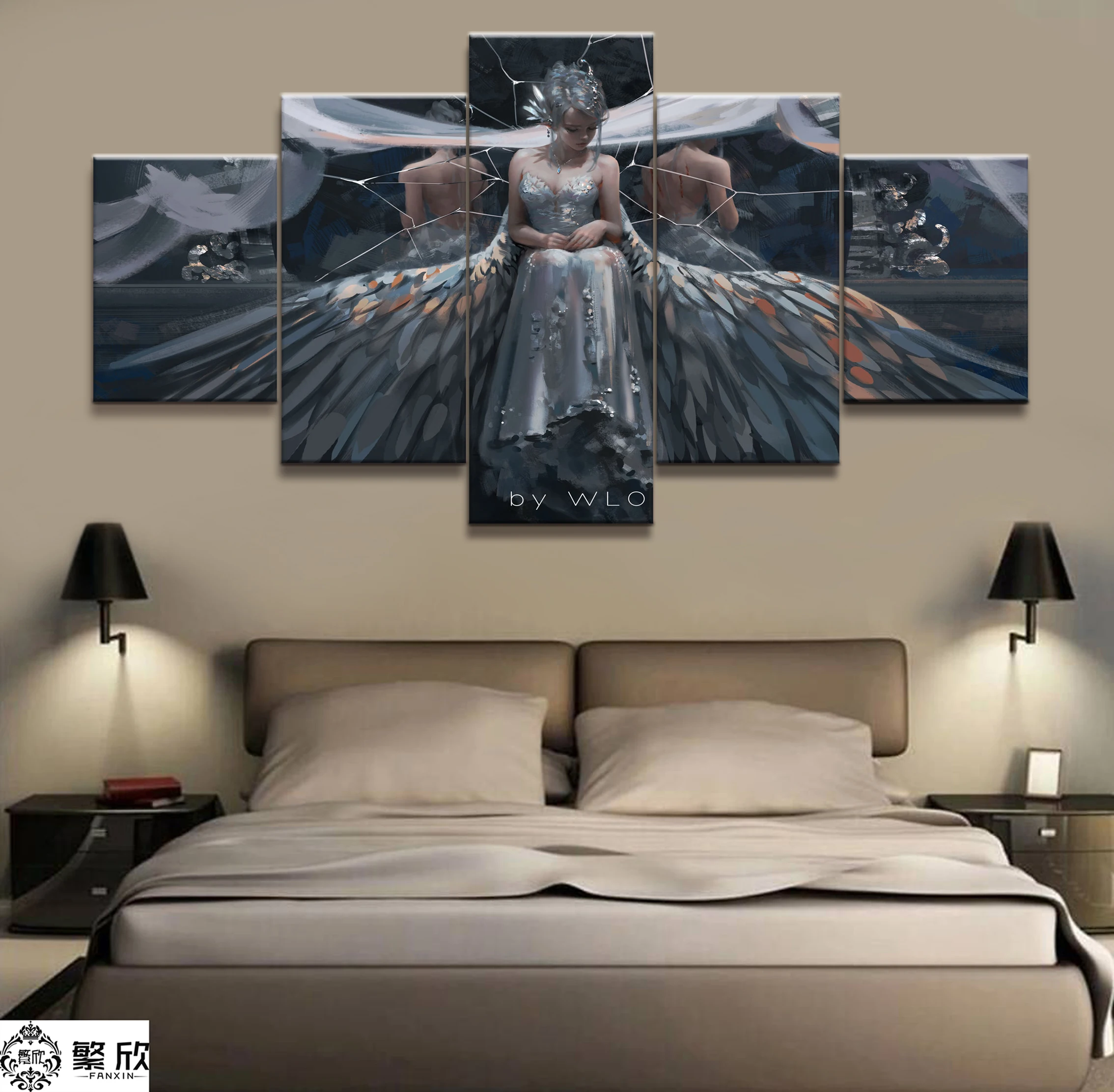 

Home Decor Modular Canvas Picture 5 Piece WLOP Ghost Blade Angel Princess Anime Painting Poster Wall For Home Canvas Wholesale
