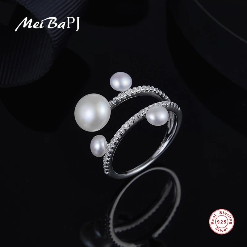 

[MeiBaPJ]Most Fashion Real 925 Sterling Silver Ring Natural Freshwater Pearl 4 Bead Wedding Ring Fine Jewelry SY