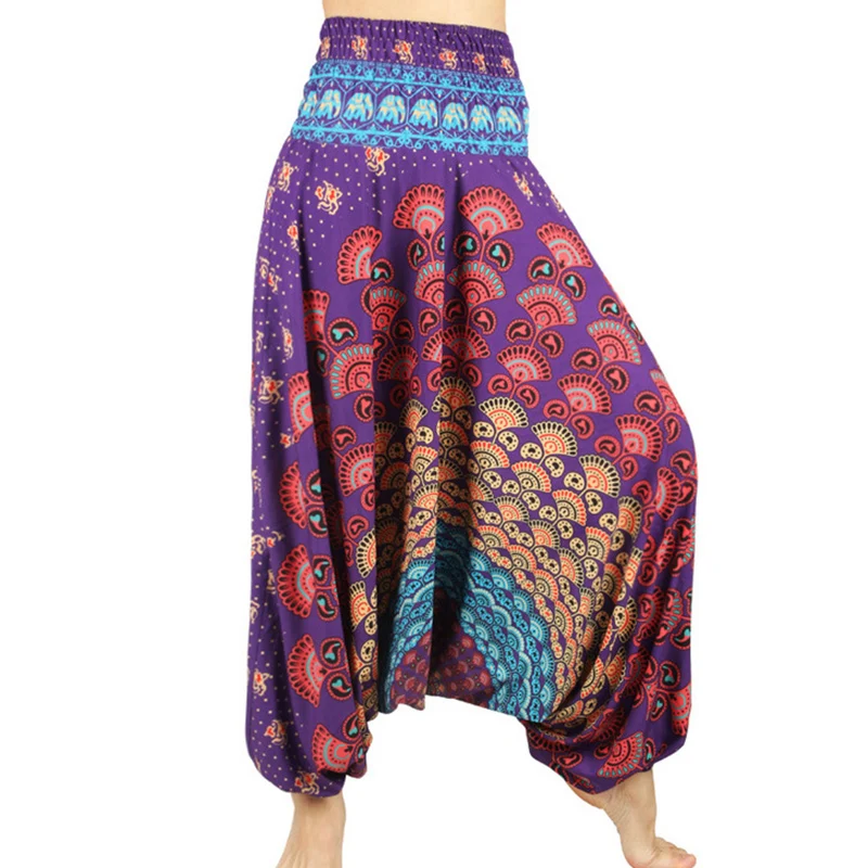 One Size Women Thai Indian Harem Trousers Comfy Boho Pants Long Beach Summer Pants Casual Loose Low Cut Floral Trousers