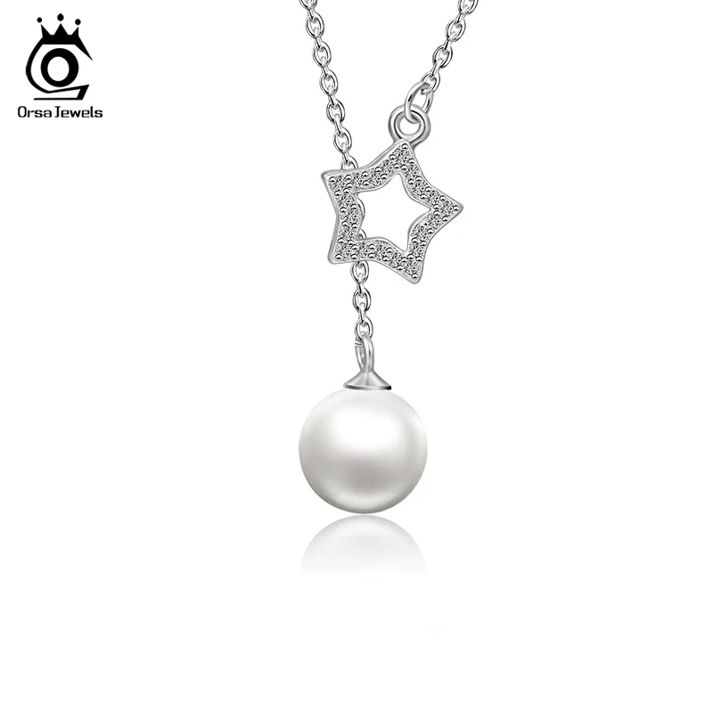 

ORSA JEWELS Silver Pearl Necklaces Star Pendant With Top Quality Shell Pearl Women Necklace AAA CZ Silver 925 Jewelry OPSN26