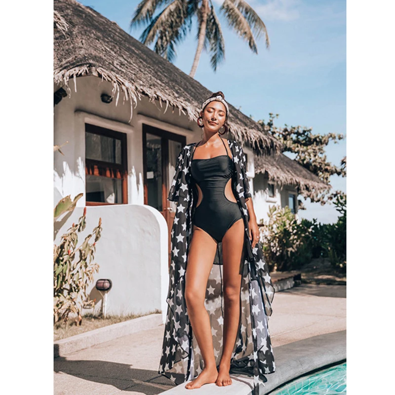 

Chiffon Beach Dress Long Bikini Cover Up Wrap Women Floral Print Sexy Boho Beach Long Cardigan Kimono Cover Ups