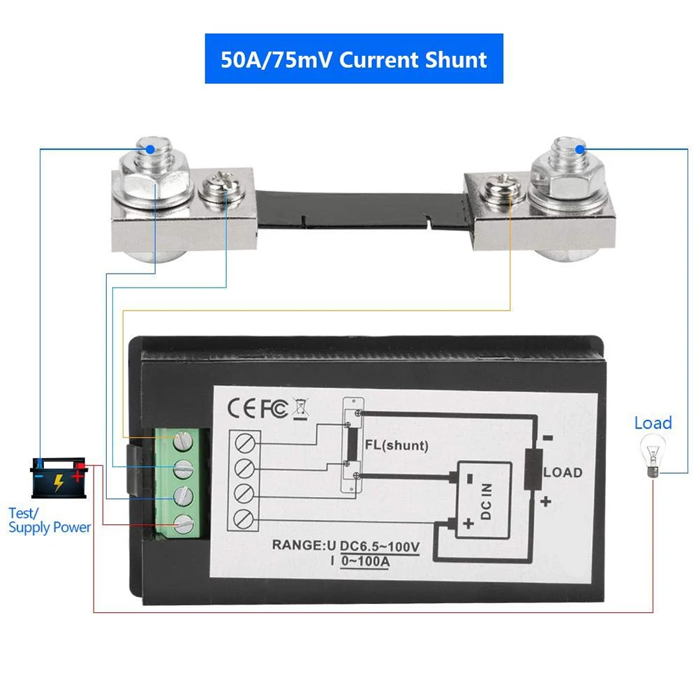 6,5-100 V DC Дисплей цифрового вольтметра и ток Мощность счетчик электроэнергии Батарея тестер с 50A Токовый Шунт Напряжение метров