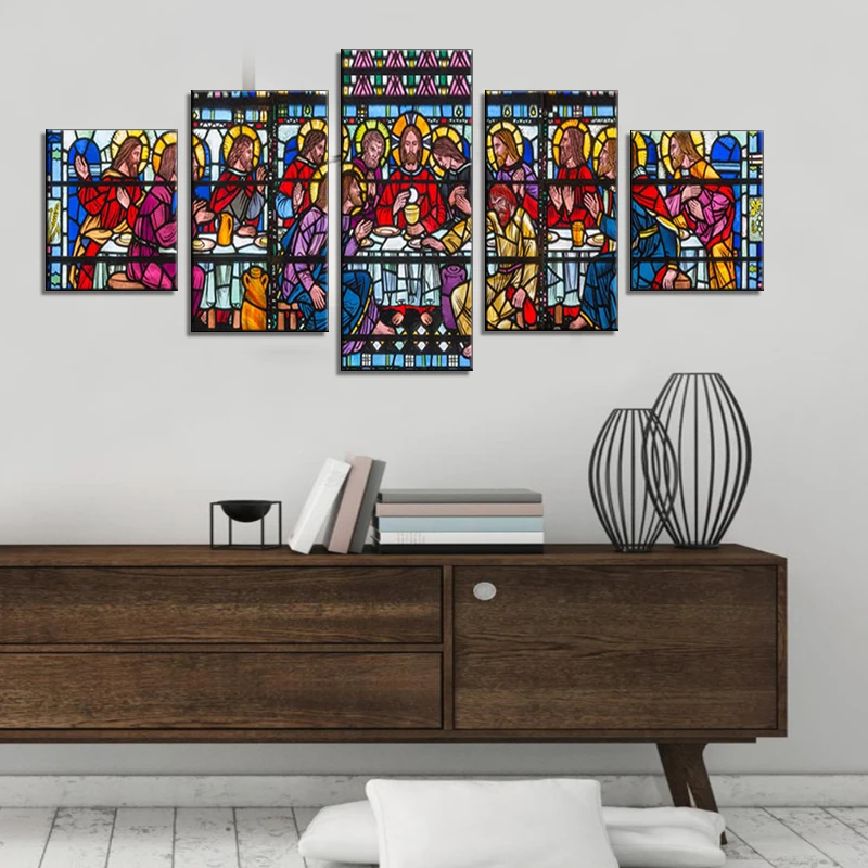 

Last Supper Wall Art Stained Glass Style in church St Etheldreda Pictures Living Room Paintings 5 Pcs Canvas Artwork House Decor