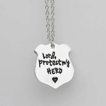 

Wholesale Hand imprint Lord Protect my Hero Police badge charm Pendant Necklace Cop Wife Grilfriend Gift Idea 20Pcs/Lot