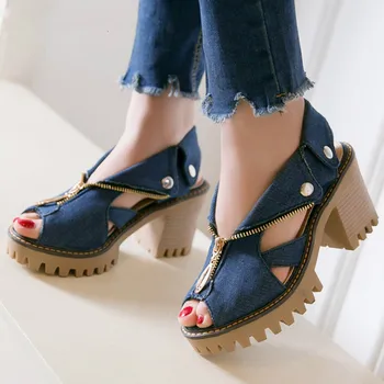 

Fasshion 2019 Women Denim Sandals Platform Sandals Women High Heel Sandals Zipper Summer Shoes Big Size 34-43