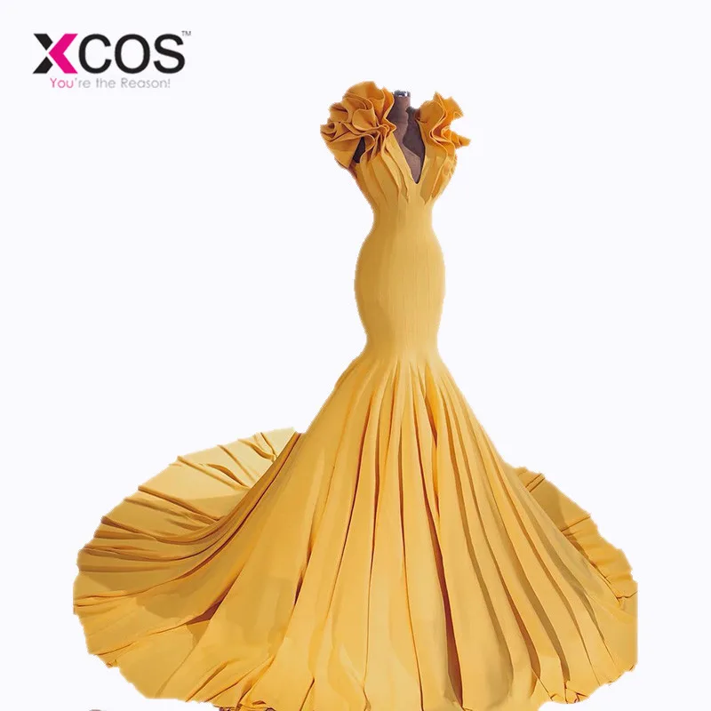 XCOS Новое поступление глубокий v-образный вырез сексуальные Желтые Русалка африканские платья для выпускного вечера vestidos de gala длинное вечернее платье