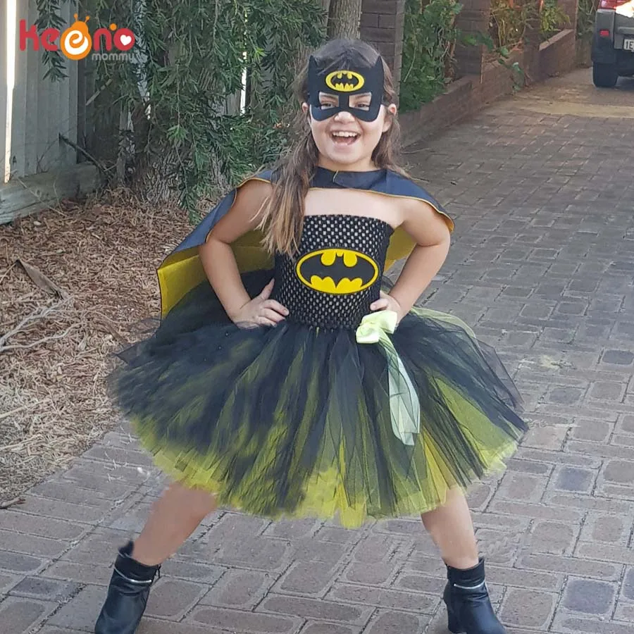 Bat Man Superhero Girls Tutu Dress with Mask Children Halloween Cosplay Costume Girl Kids Tulle Party Vestidos | Детская одежда и