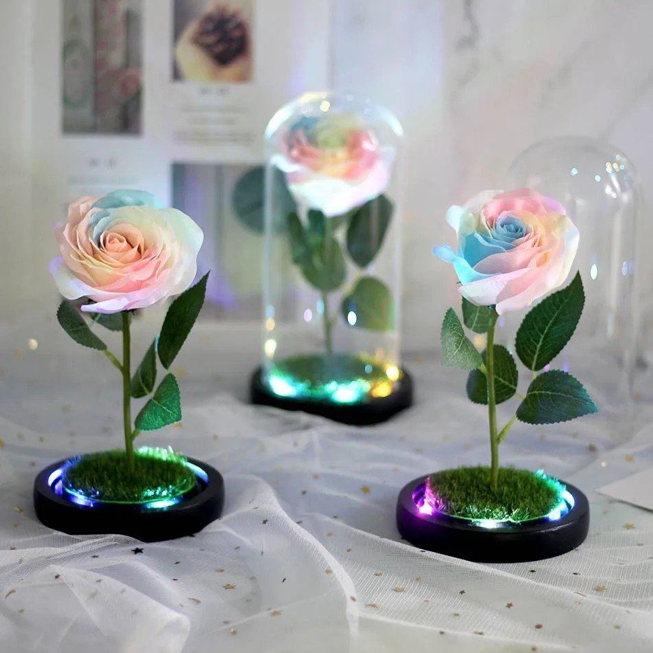 

Artificial Vase Rose Belt with LED Colored Flash Glass Dome Wooden Base for Christmas Wedding Party Valentine's Day Gift