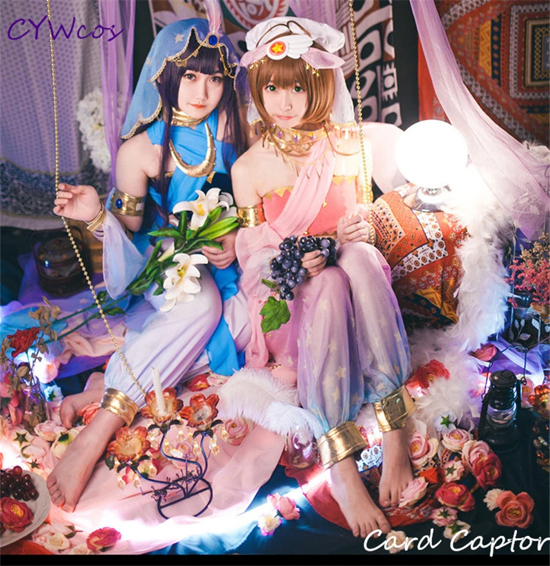 

Card Captor SAKU KINOMOTO SAKURA Daidouji Tomoyo Arabian Dancers Cosplay Costume Anime Cosplay Uniforms Top+Shorts+Headdress