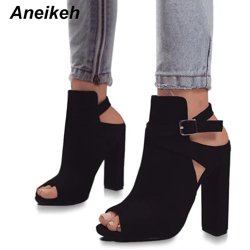 

Aneikeh Women Buckle Strap Sandals For Spring Flock Cross Strap High Heels Elegant Peep Toe Shoes Female Square Heel Ladies Shoe