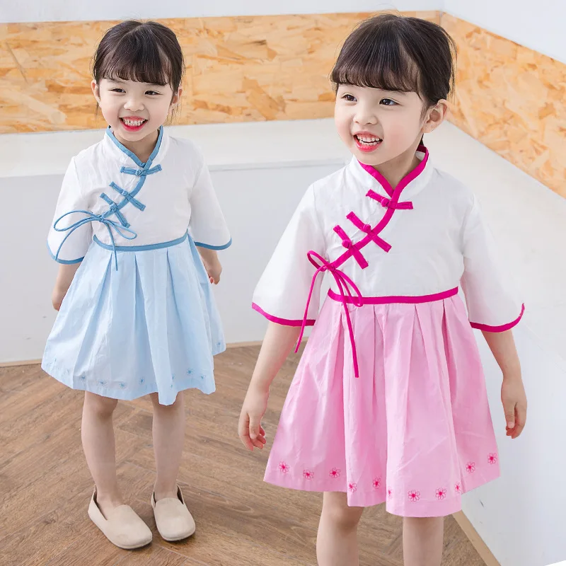 Chinese Style Summer Retro Tang Suit Girls Modern Hanfu Children Cotton&ampLinen Clothing Fairy Dress Buckle SL1166 | Тематическая