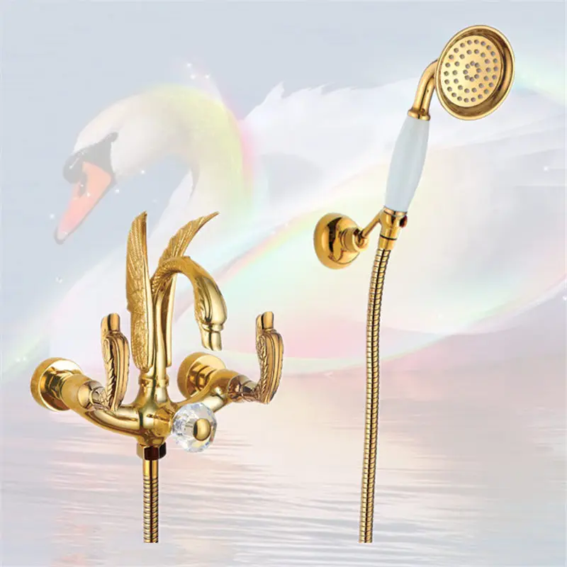 Bathtub Faucet Wall Mounted Gold Brass Swan Bathtub Faucet With Hand