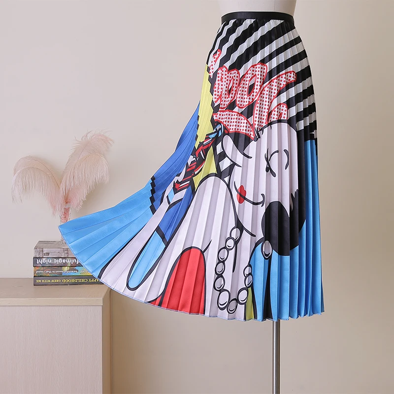 

Fashion 2019 Summer New Arrival Runway Color Matching Striped Pleated skirt High waist Cartoon character Print Long Skirts