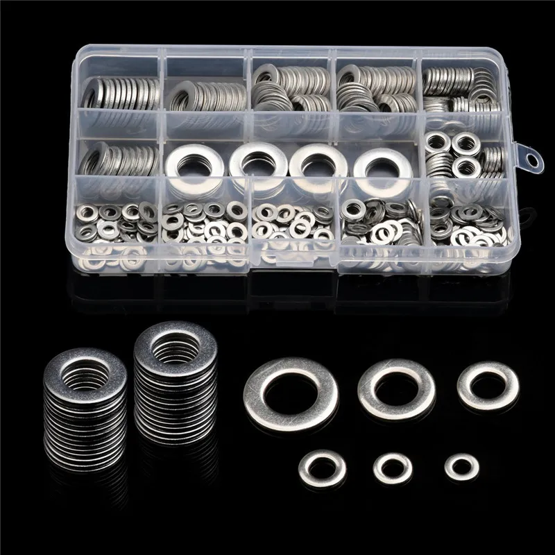 

ZENHOSIT 395Pcs High Quality Stainless Steel M4 M5 M6 M8 M10 M12 Flat Washer Metric Plain Washer Lock Screw Gasket Tool Box