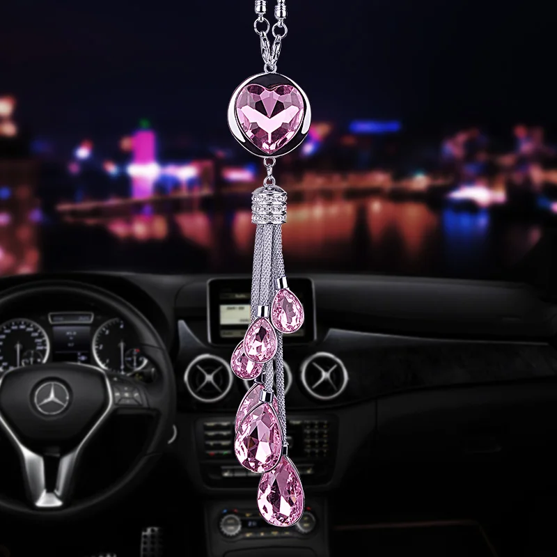 Rear View Mirror Charm Crystal Heart Shape Rhinestone Hanging Ornament Car Decor 