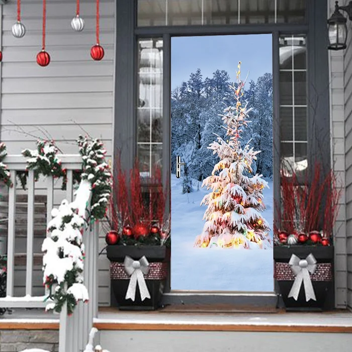 77x200 см Рождественская елка Снежная дверь наклейки для гостиной спальня DIY водостойкий домашний Декор Наклейка 3D Самоклеящиеся обои - Цвет: WYTQ1215
