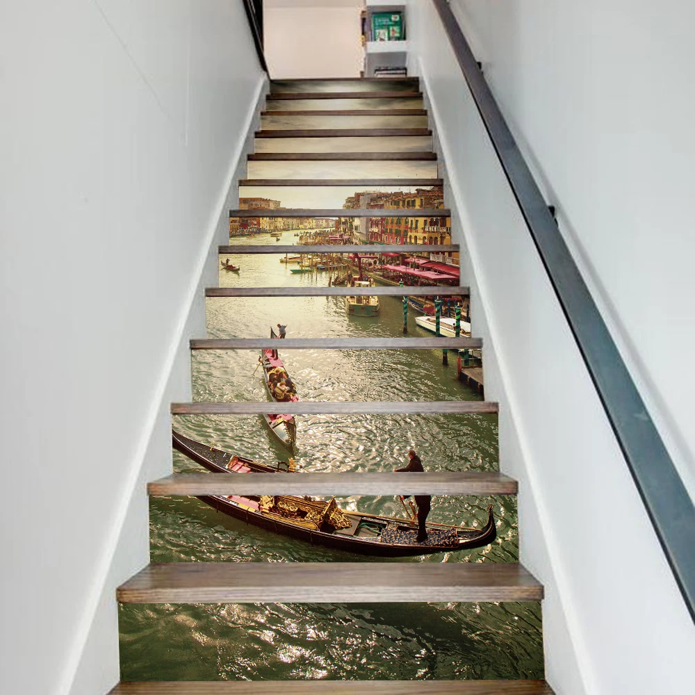 13 шт./компл. 3D стикеры для лестницы водонепроницаемые съемные самоклеющиеся настенные наклейки на пол наклейки домашний Декор Озеро Лодка Пейзаж 18*100 см