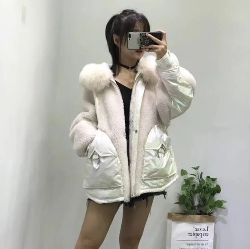 White duck down jacket sheep fur winter coat women new fashion wool blends hooded with natural geniune fox fur parka