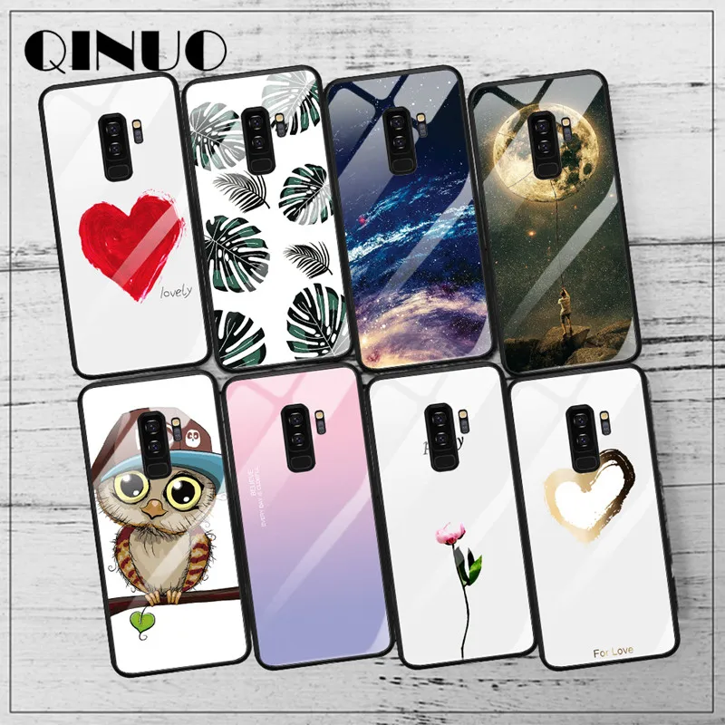 

QINUO Luxury pattern Tempered Glass + TPU Case For Samsung S8 S9 Plus Cute Cartoon Case For Samsung Note 8 9 J4 J6 J7 2018 Funda