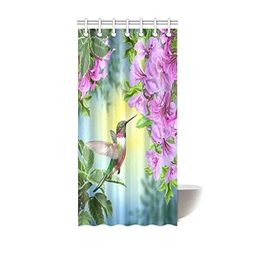 

Aplysia Hummingbirds Shower Curtain Colibri Bird And Tree Branch Fuchsia Flower Romantic Springtime Tropics Bath Curtain