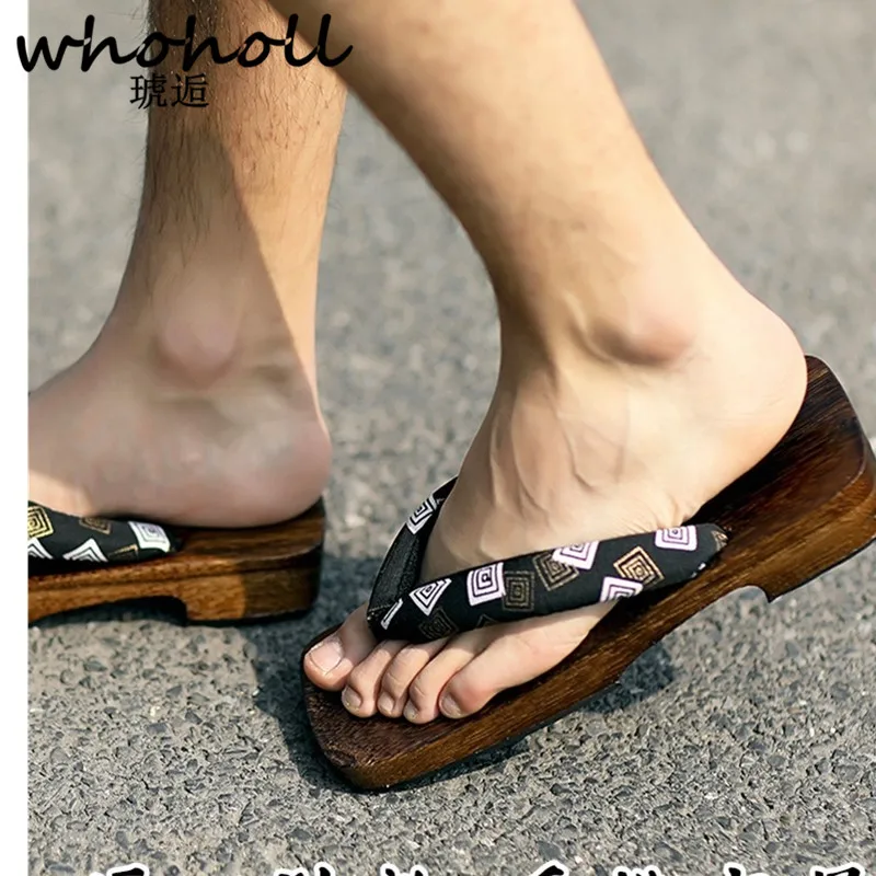 

WHOHOLL Geta Man Sandals Anti Slip Flat Platform Sandals Flip-flops Wooden Japanese Geta Clogs Slippers Indoor Home Slippers