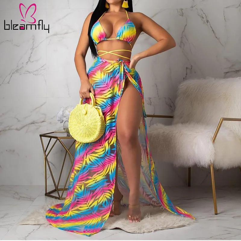 

Colourful Leaf Print Bikini Set And Cover Up Three Piece Sets Swimsuit 2019 Summer Women Swim Wear Bathing Suit Beach Bikini Set
