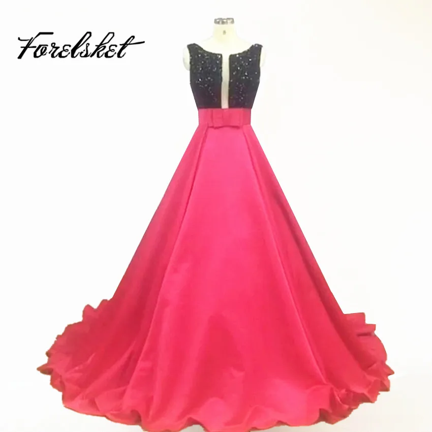 

Real Photo Two Tone Ballgown Formal Evening Dresses Black Crystal Boat Neck Deep V Open Back With Sash Long Pageant Prom Gowns