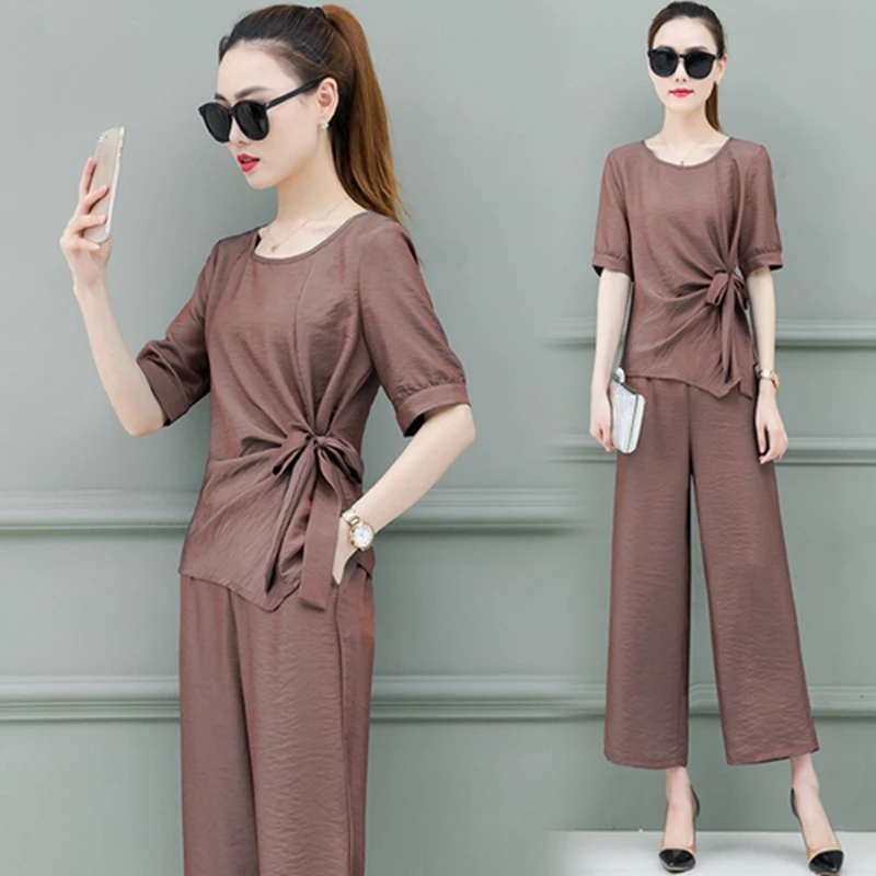 

Summer New Women Shirt+long Trousers Sets Lady Two Pieces Elegant Blouse And Wide Leg Pant Suits