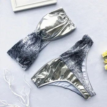 

New Patchwork Bandeau Swimsuit Female High Waist Bikini Women Shiny Swimwear Two-pieces Bikini set 2019 Bather Bathing Suit Swim