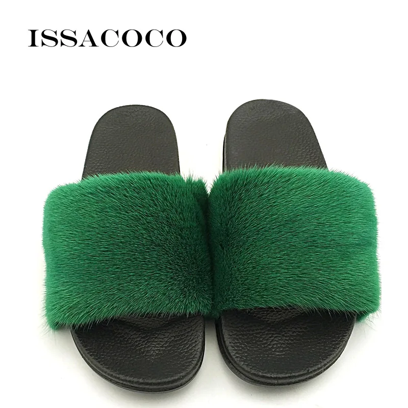 Green ISSACOCO/женские тапочки на плоской подошве из натурального меха норки; Женские однотонные тапочки из меха норки на нескользящей подошве; домашние шлепанцы Zapatillas Pantufas - Цвет: Green
