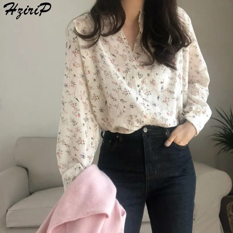 

Hzirip 2019 Sweet Simple Print Flowers Vintage Loose Stylish Sexy O-Neck Fashion Casual High Quality Long Sleeves Free Shirts