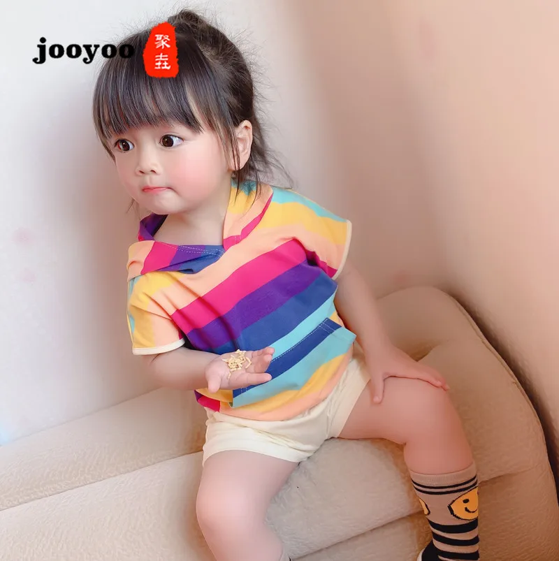 

Children's Clothes Summer New Boy and Girl Treasure Rainbow Short Sleeve Hooded Top