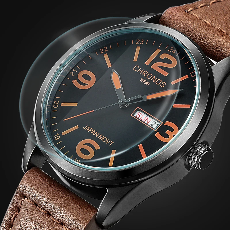 Мужские часы Chronos роскошные брендовые кварцевые наручные с кожаным ремешком