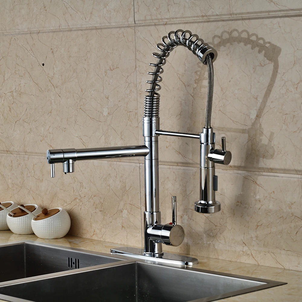 

Chrome Finished Pull Out Kitchen Sink Faucet Dual Spout Mixer Tap With Cover Plate