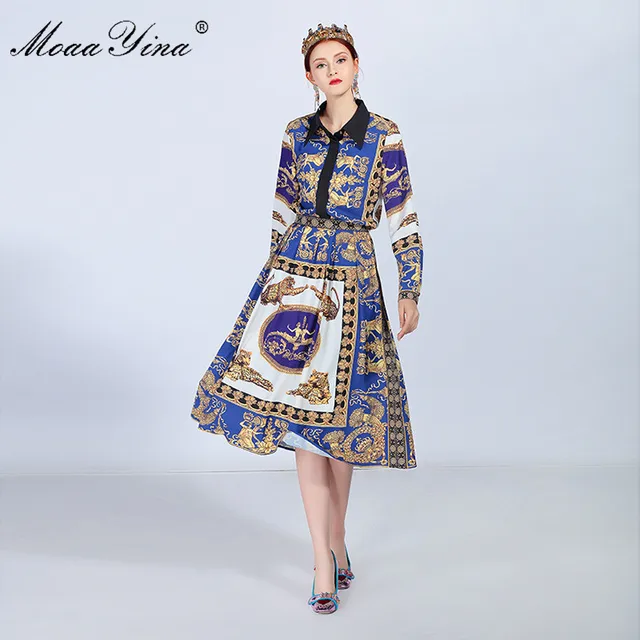 Cheap MoaaYina Fashion Designer Set Summer Women Turn-down Collar Long sleeve Vintage leopard Print Blouse+Half skirt Two-piece suit Cheap MoaaYina Fashion Designer Set Summer Women Turn-down Collar Long sleeve Vintage leopard Print Blouse+Half skirt Two-piece suit