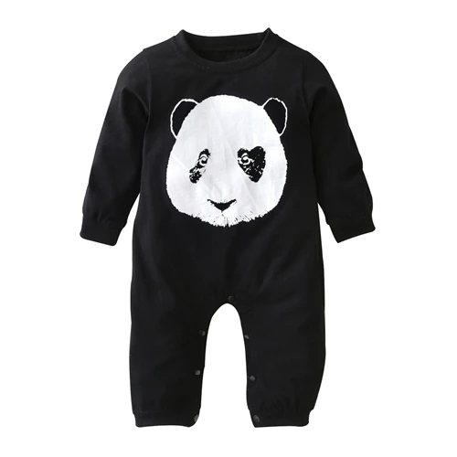 Осень Одежда для новорожденных мальчиков и девочек Одежда для малышей, стиль унисекс, хлопковая футболка с длинными рукавами с изображением панды, детский комбинезон, Одежда для новорожденных комплект - Цвет: Черный