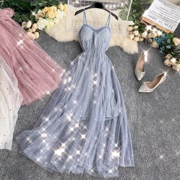 

2019 new fashion women's dresses Sweet sequined strap V-neck Waist slimming gauze dress