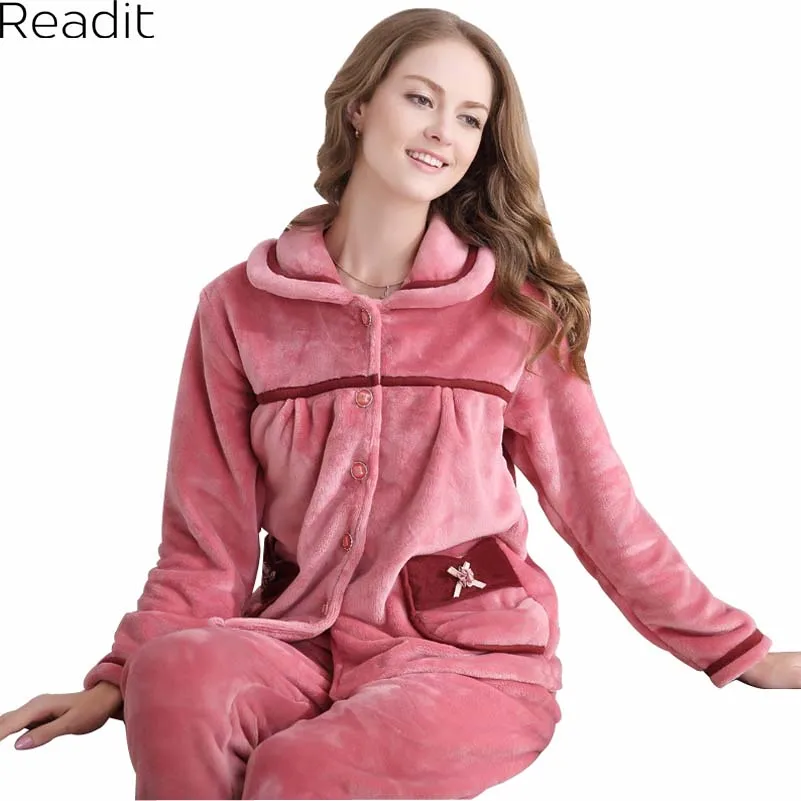 Women's Winter Flannel Pajamas Set With Turn down Collar 2016 New