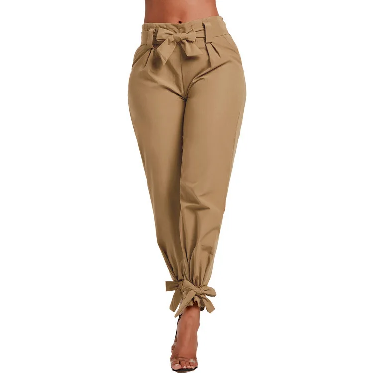 Женские летние штаны-шаровары с поясом на талии, однотонные повседневные женские брюки с бантом, модная уличная одежда для девочек со средней талией