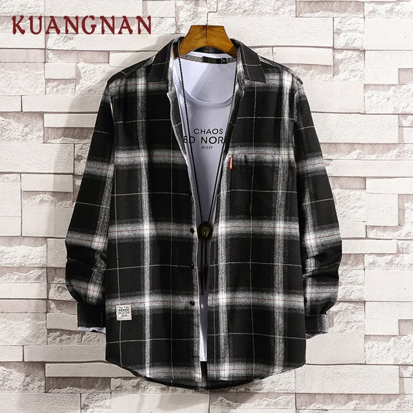 

KUANGNAN Japan Style Plaid Shirt Men Streetwear Men Shirts Casual Slim Fit Korean Men Shirt Long Sleeve XXXL Clothing 2019 New
