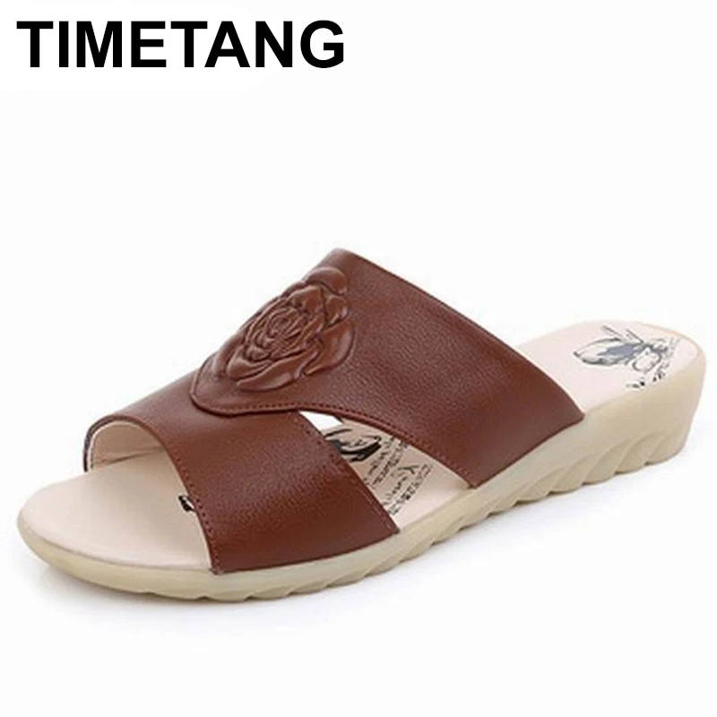 

TIMETANG 2019 Summer Comfortable Cow Leather Slippers Platform Low Wedges Slides Beach Casual Women Shoes Large Size 35-42E433