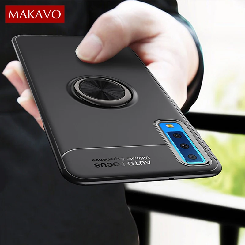 

MAKAVO For Samsung Galaxy A7 2018 Case Ring Holder Soft Silicone Back Cover Case For Samsung Galaxy A70 A7 2018 Phone Cases