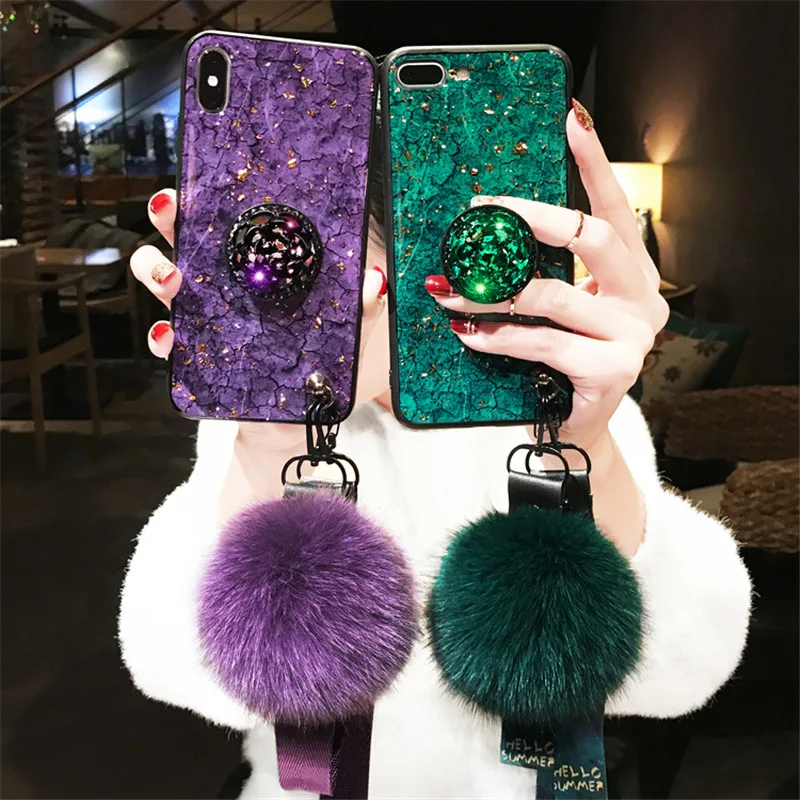 

marbled 3D shiny diamond stand fashion hair ball lanyard cover case For Samsung GALAXY S7 edge S8 S9 Plus S10e S10 lite note 8 9