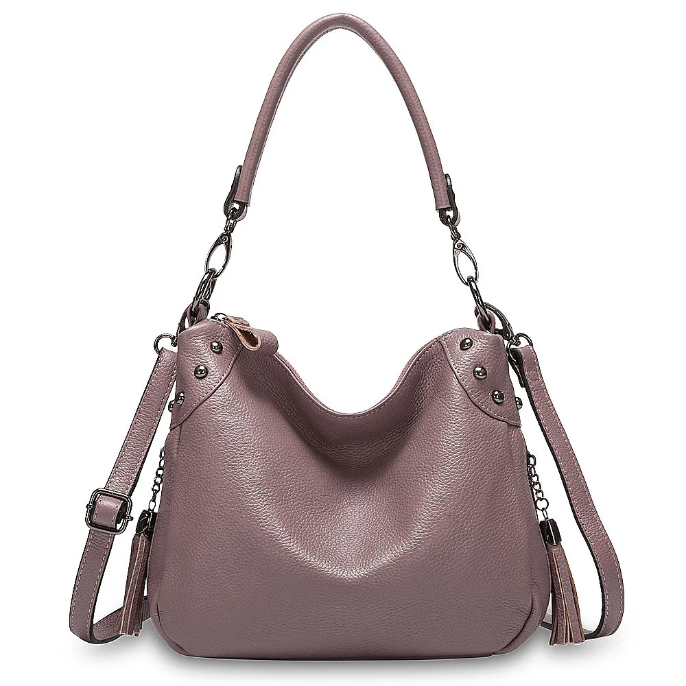 Zency элегантная фиолетовая женская сумка через плечо натуральная кожа Хобо модная дамская сумочка через плечо серая Сумочка с кисточкой черная - Цвет: Taro Pink