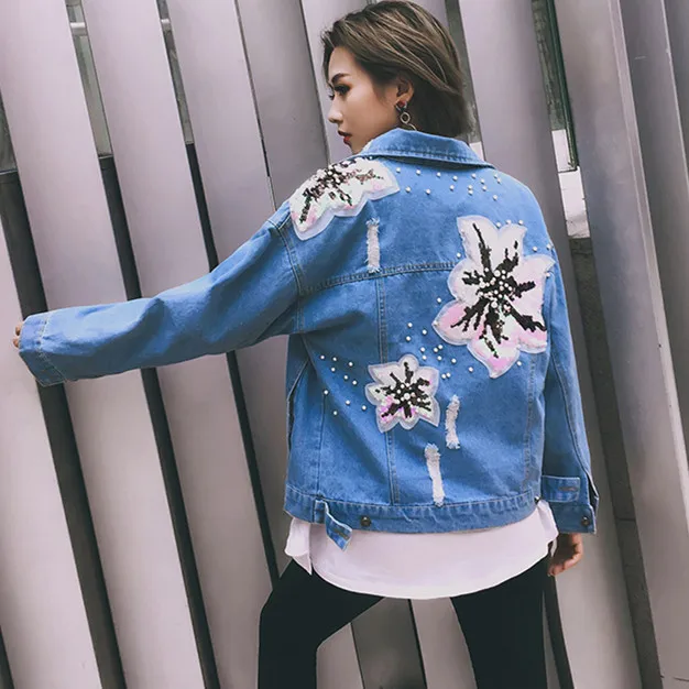

Spring Autumn Denim Jacket Women Beadings Embroidered Oversize Jeans Jackets Sequins Basic Coat Vintage Flower Outwear NZ104