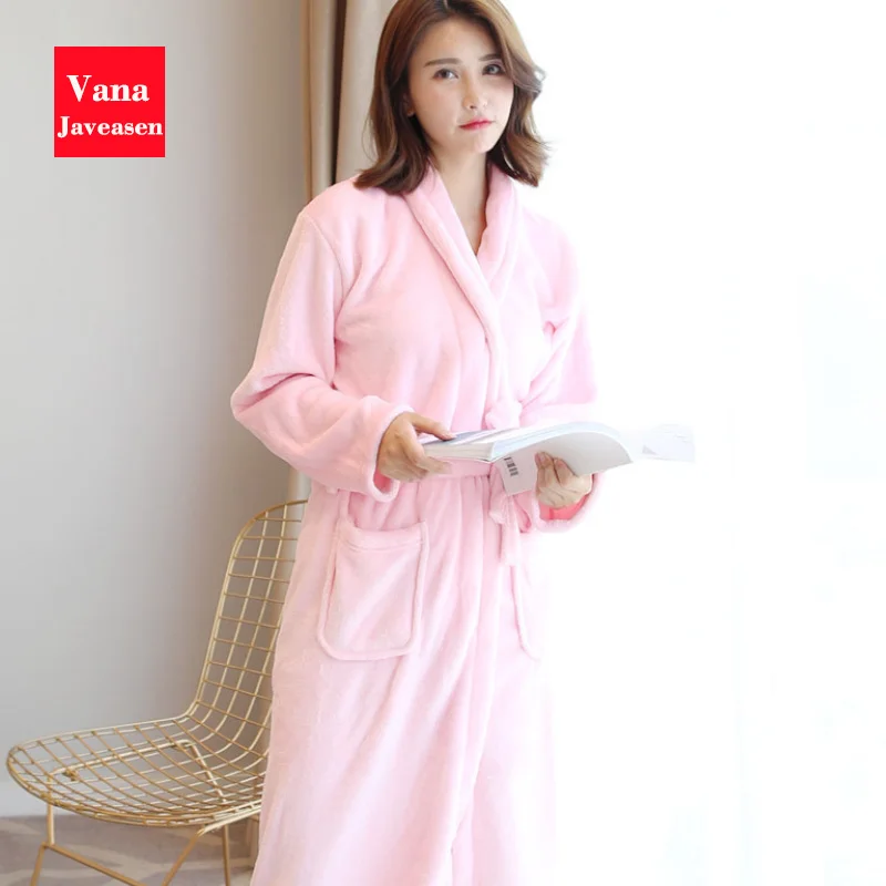 Vana Javeasen Coral Fleece Women Men Bathrobe Pajamas Thicken Warm Autumn Winter Home Couple Sleepwear Turndown Collar Robes - Цвет: Pink