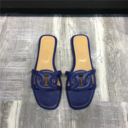 Дизайнерские сандалии женщины люкс домашние тапочки плюс размер Известный бренд дамы слайды открытый носок надевать плоские обувь синий лето белый квартира Лето - Цвет: Синий