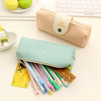 

New Cute Kawaii Pure Color Leather Pencil Case School Pencil Bag For Girls Korean Stationery Free Shipping 680