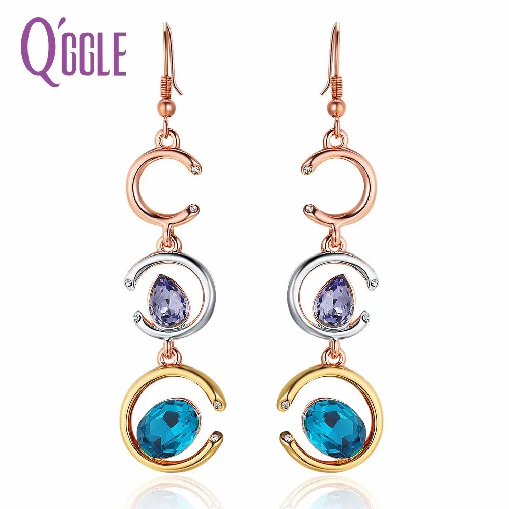 Qggle Multicolor Moon Dangle Earrings for Women Triple Layers Blue & Purple Crystal Drop